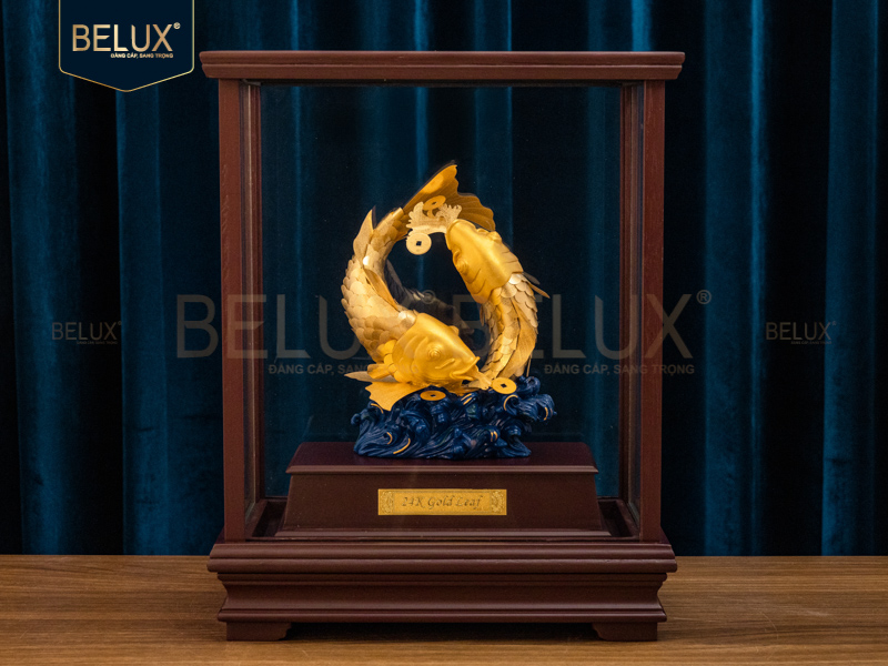 Tượng Đôi Cá Chép dát vàng 24k 28x17x36cm